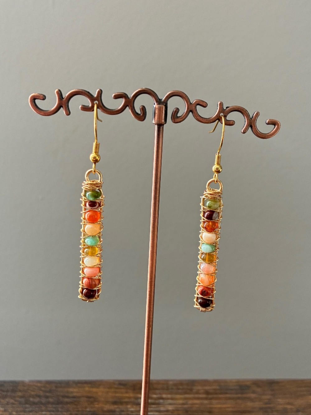 Multicolored Wire Wrapped Gemstone Bar Earrings